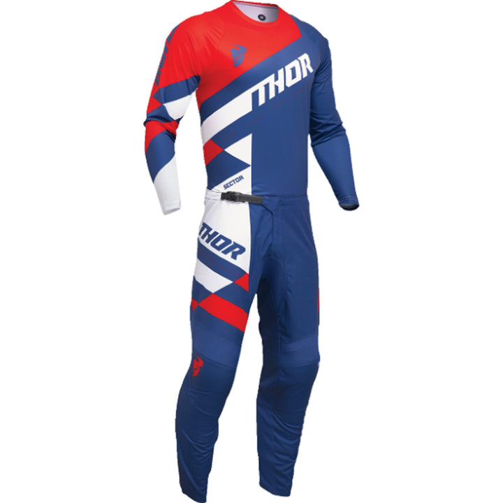 THOR Youth Sector Checker Jersey Navy/Red - Front View with Pants