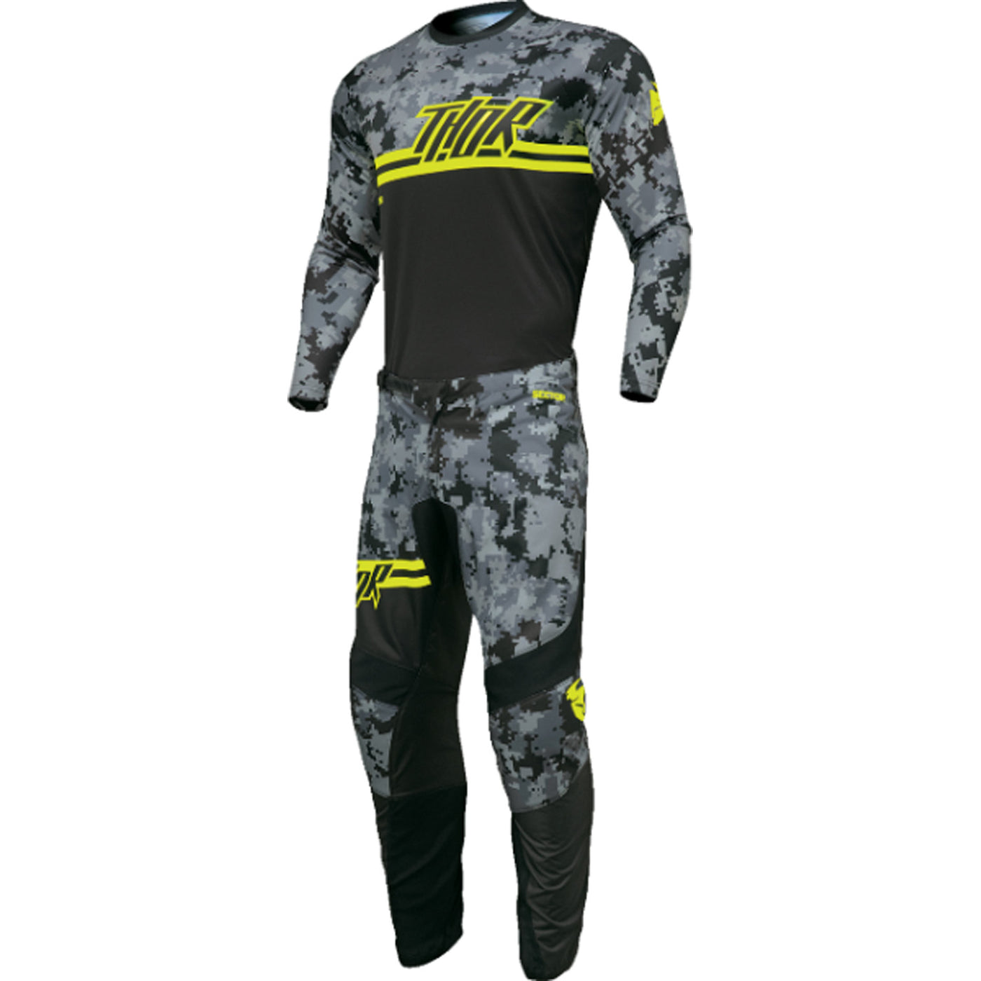 THOR Youth Sector DIGI Jersey Black/Camo - Front View with Pants