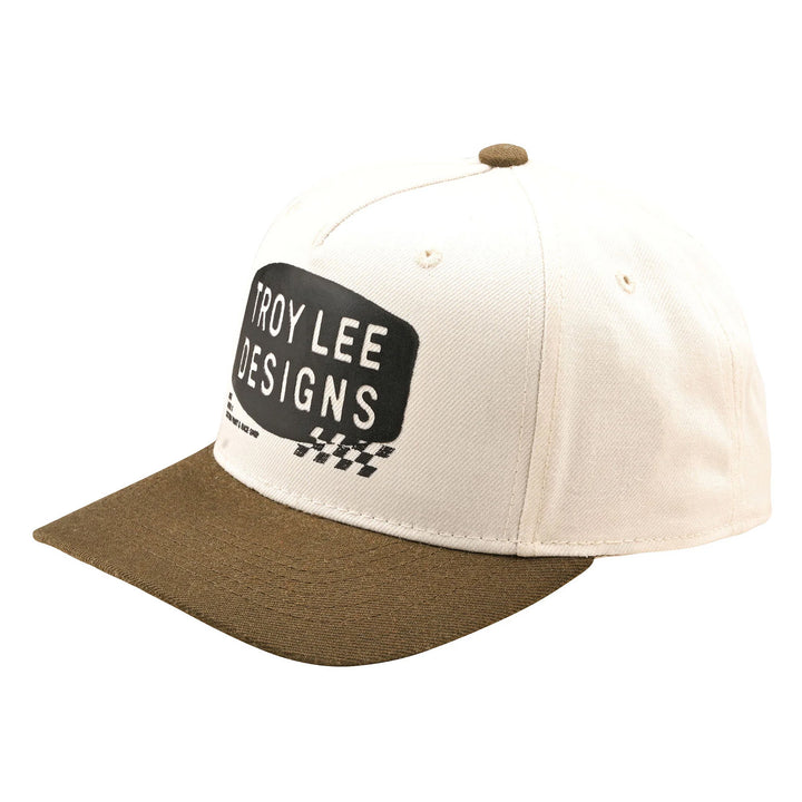 Troy Lee Designs Curved Snapback Stamp Hat Vintage White/Olive - Front Side View