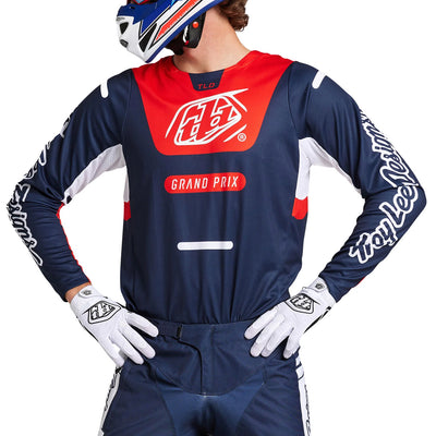 Troy Lee Designs GP Pro Blends Jersey Navy/Orange - Front View of Model Posing in Jersey