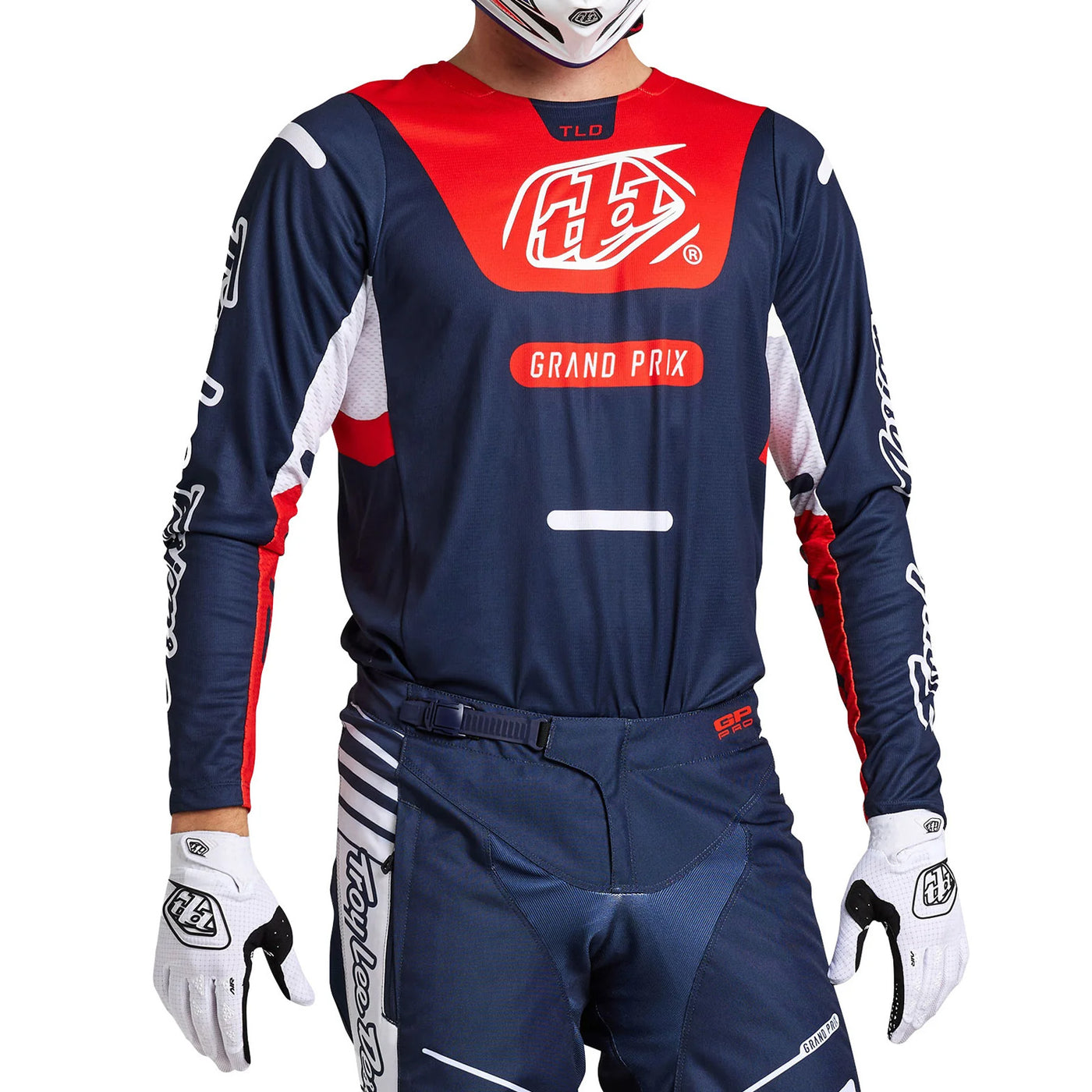 Troy Lee Designs GP Pro Blends Jersey Navy/Orange - Front Side View of Model Posing in Jersey