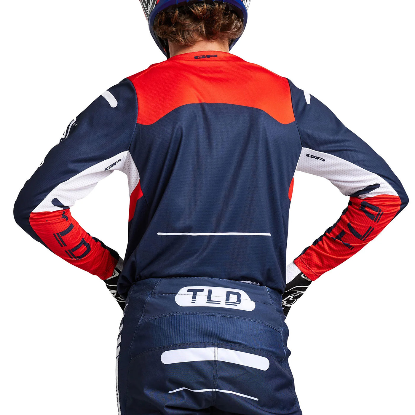 Troy Lee Designs GP Pro Blends Jersey Navy/Orange - Rear View of Model Posing in Jersey