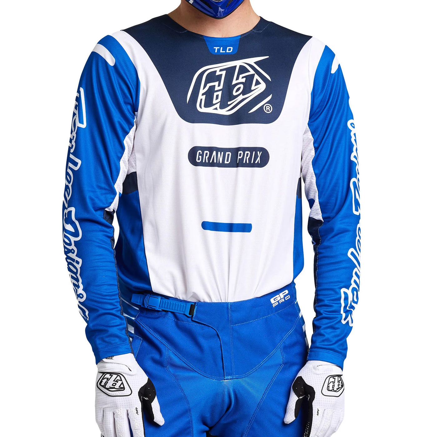 Troy Lee Designs GP Pro Blends Jersey White/Blue - Front View of Model Posing in Jersey