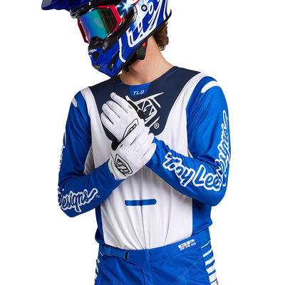 Troy Lee Designs GP Pro Blends Jersey White/Blue - Front View of Model Showing Off Sleeve Graphics