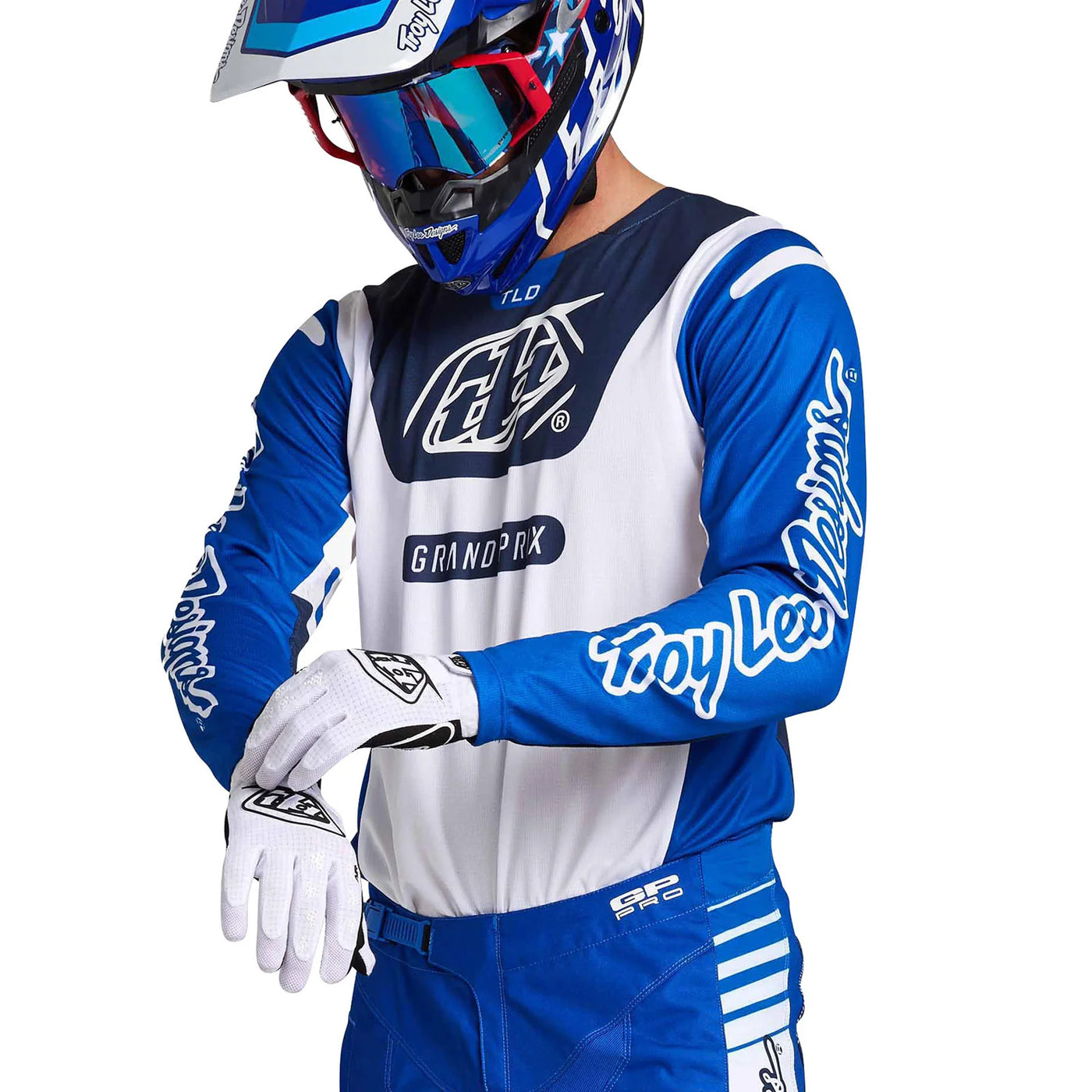 Troy Lee Designs GP Pro Blends Jersey White/Blue - Front Side View of Model Showing Off Sleeve Graphic