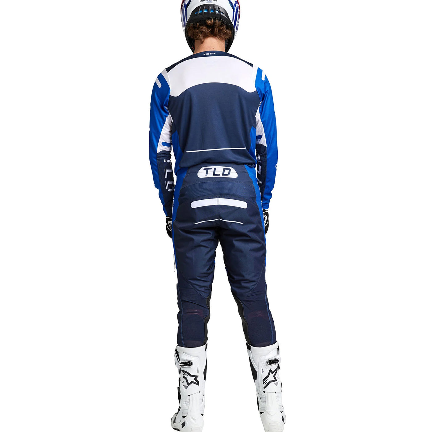 Troy Lee Designs GP Pro Blends Jersey White/Blue - Rear View of Model Posing in Jersey