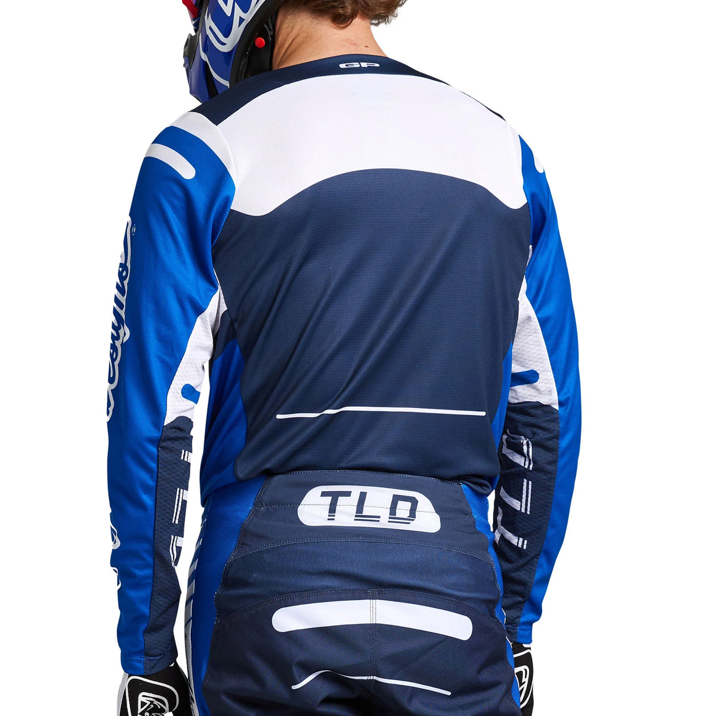 Troy Lee Designs GP Pro Blends Jersey White/Blue - Rear View of Model Posing in Jersey