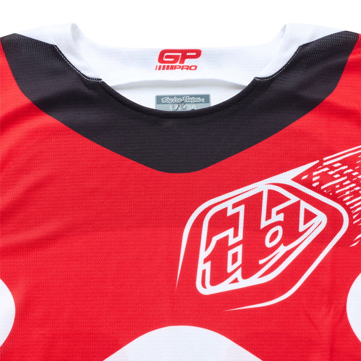 Troy Lee Designs GP Pro Frames Jersey White/Red - Close-Up of Front Graphics and Collar