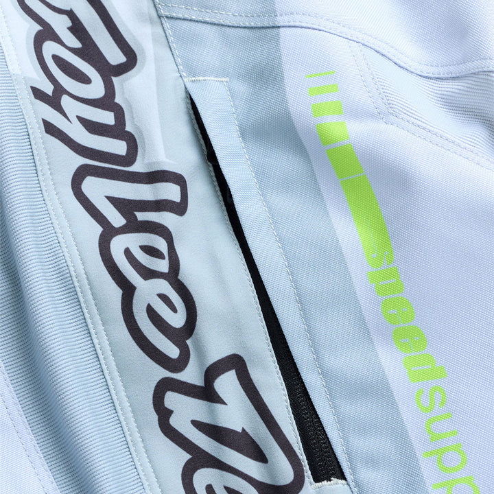 Troy Lee Designs GP Pro Frames Pants Vapor/Gray - Close-Up of Thigh Graphics and Pocket Zipper