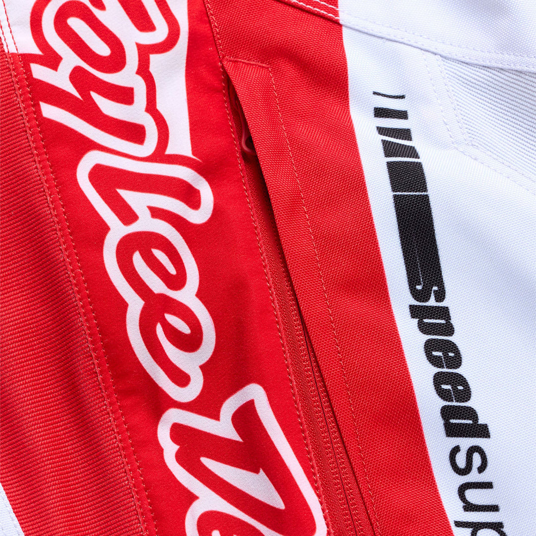 Troy Lee Designs GP Pro Frames Pants White/Red - Close-Up of Thigh Graphics and Pocket Zipper