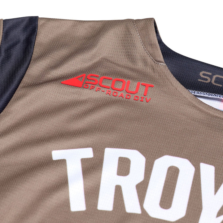 Troy Lee Designs Scout GP Ripper Jersey Tarmac - Close-Up of Scout Tag Graphic on Right Shoulder