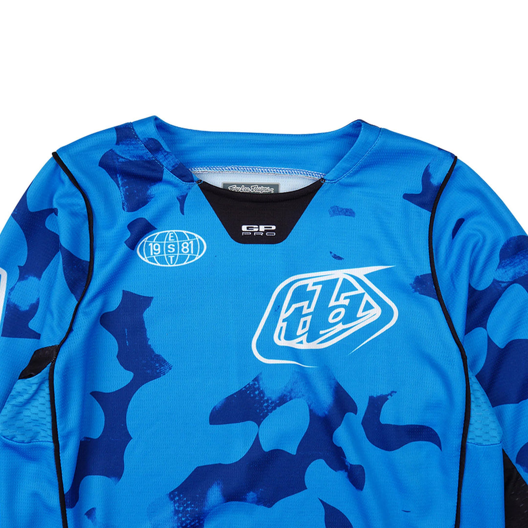Troy Lee Designs Youth GP Pro Blotted Jersey Bright Blue - Close-Up of Front Graphics