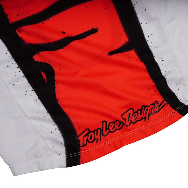 Troy Lee Designs Youth GP Pro Membrane Jersey White/Infra Red - Close-Up of Lower Rear Graphics
