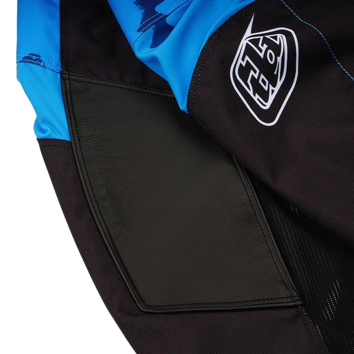 Troy Lee Designs Youth GP Pro Blotted Pants Bright Blue - Close-Up of Leather Knee Panel