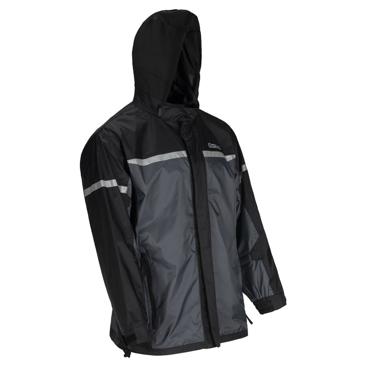 Tourmaster Sentry Rain Jacket Black - Front Side View with Hood Up