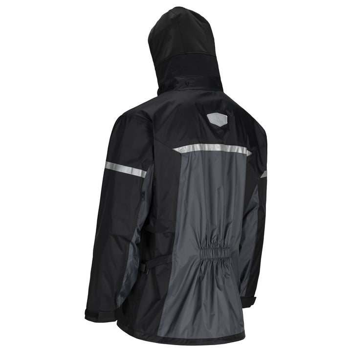 Tourmaster Sentry Rain Jacket Black - Rear Side View with Hood Up