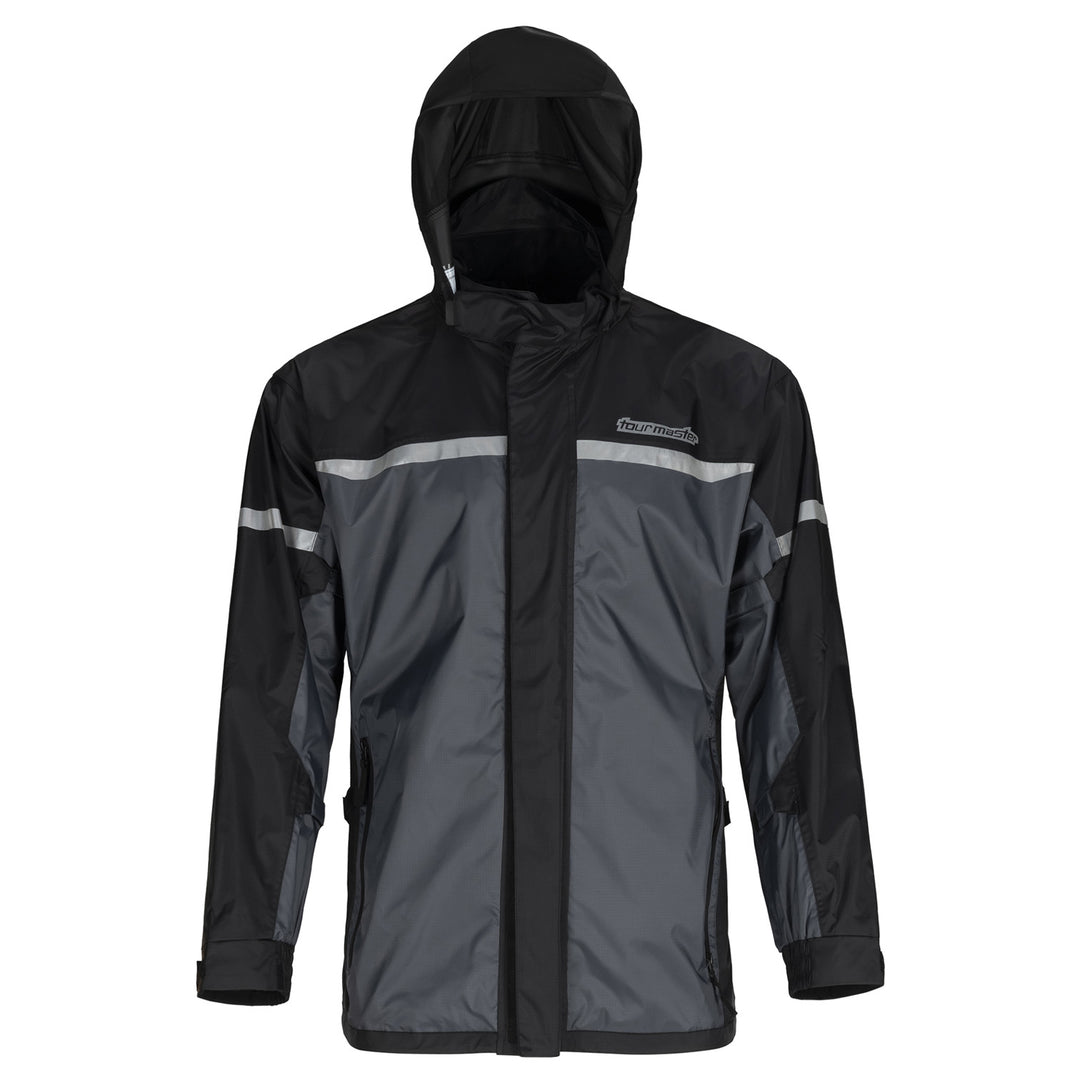 Tourmaster Sentry Rain Jacket Black - Front View with Hood Up