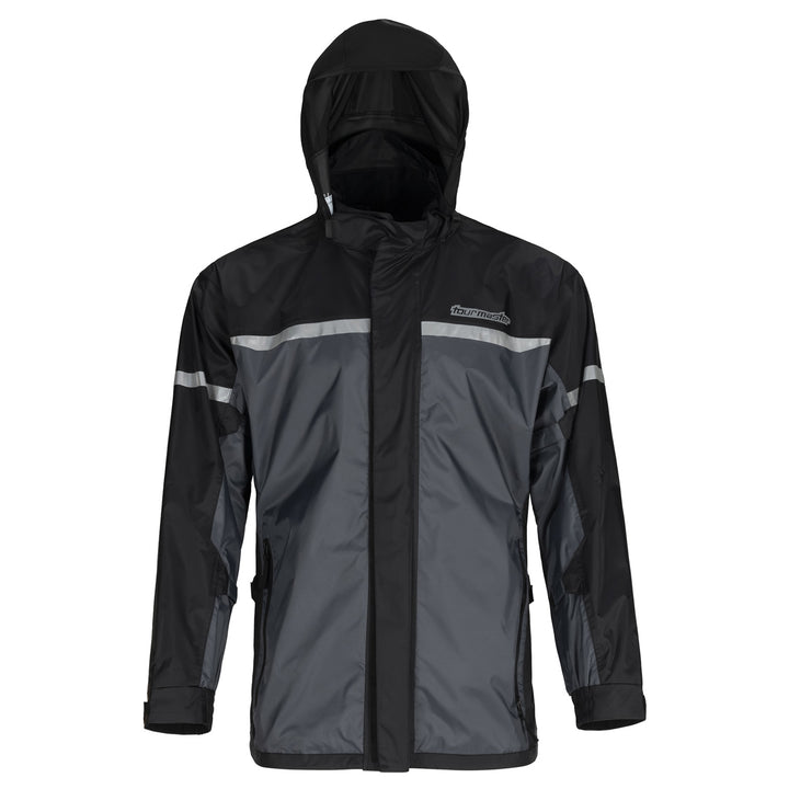Tourmaster Sentry Rain Jacket Black - Front View with Hood Up