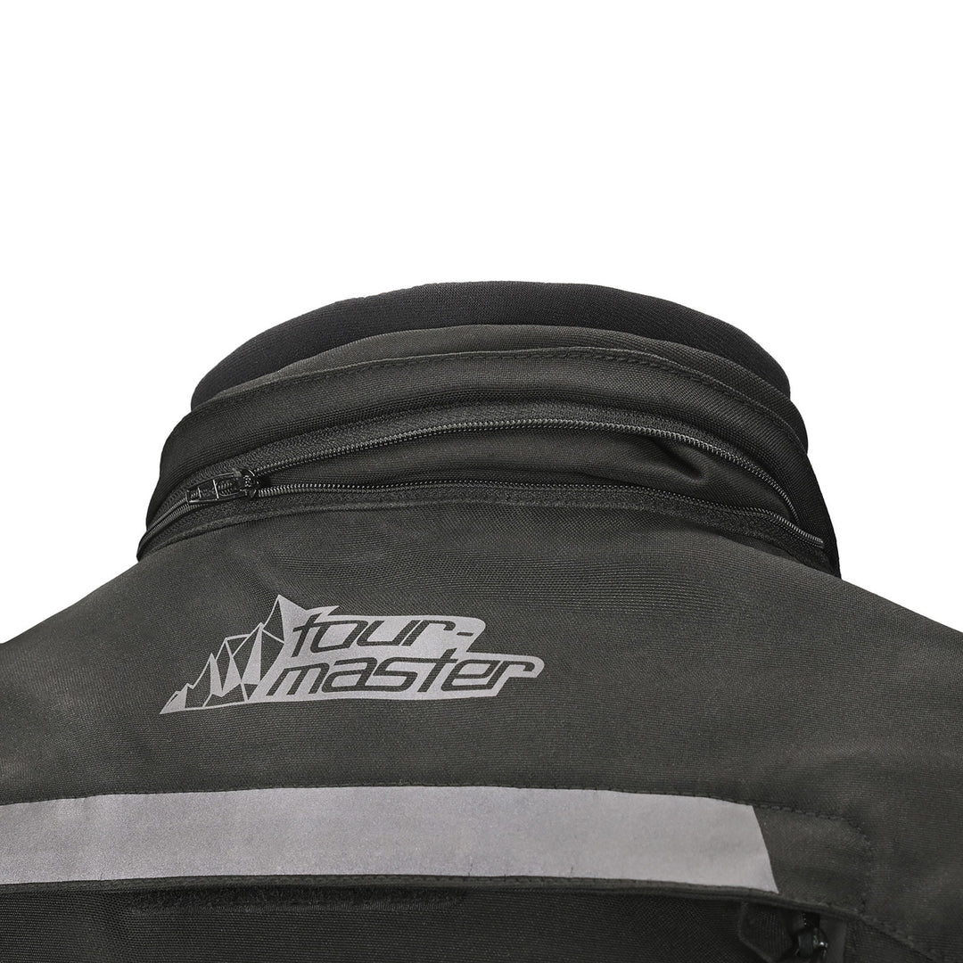 Tourmaster Women's Discovery Jacket Black/Black - Close-Up Rear View of Neck with Hood Rolled Away