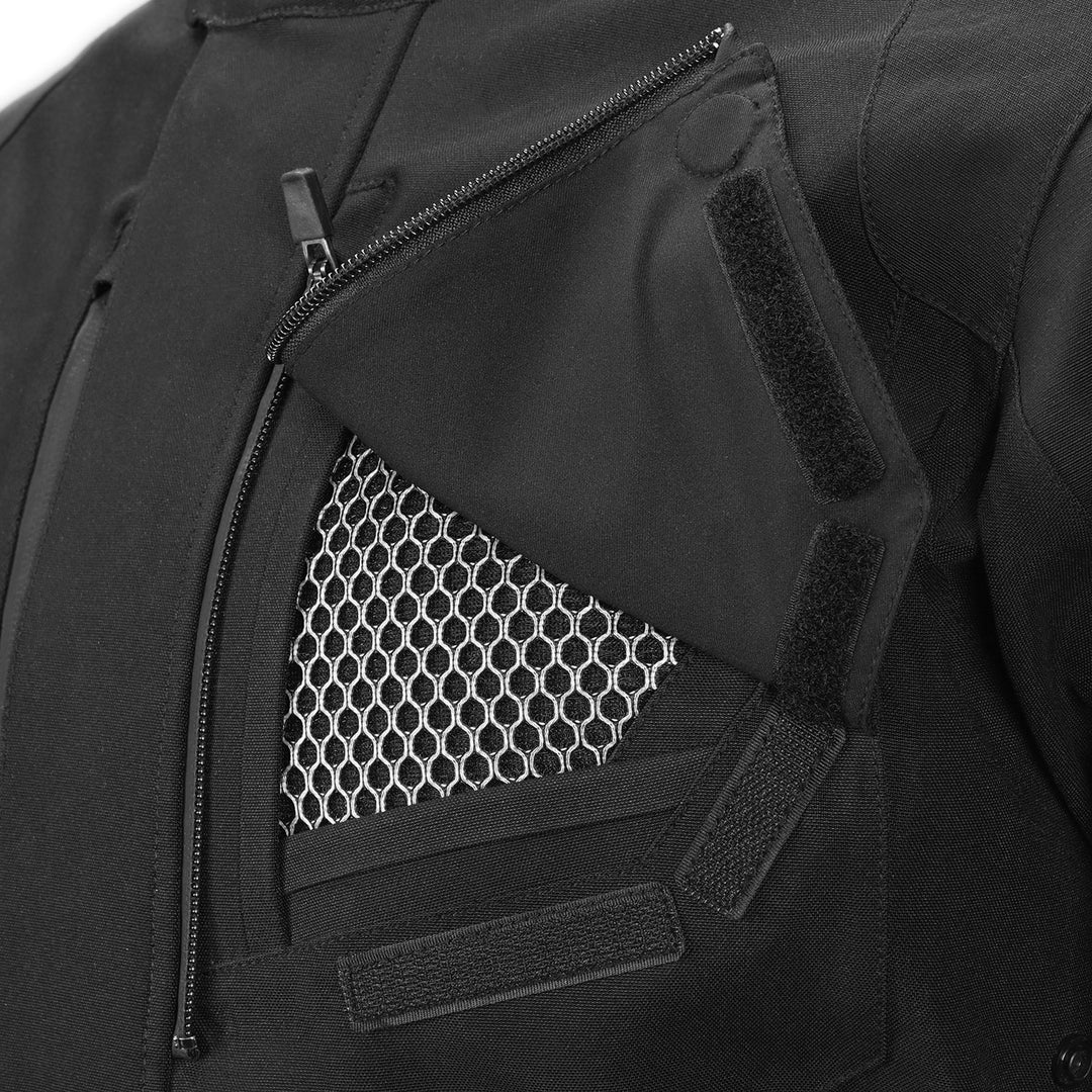 Tourmaster Women's Discovery Jacket Black/Black - Close-Up of Chest Vent with Flap Opened