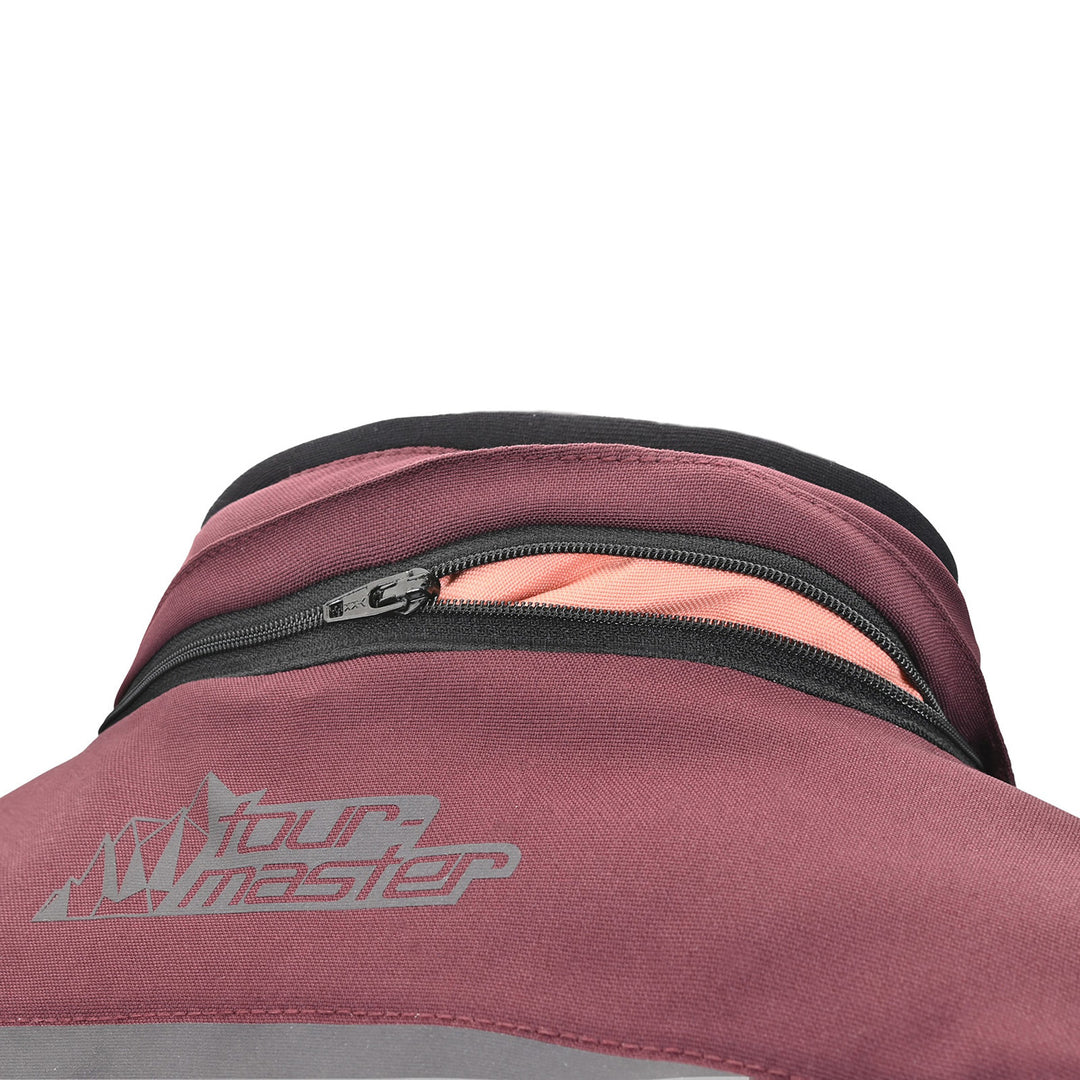 Tourmaster Women's Discovery Jacket Raisin/Canyon Sunset - Close-Up Rear View of Neck with Hood Rolled Away