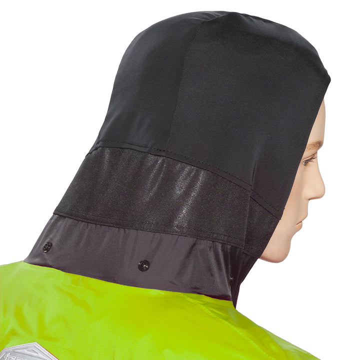 Tourmaster Defender Two-Piece Rainsuit Hi-Viz - Close-Up of Jacket Hood Pulled Over Mannequin Head
