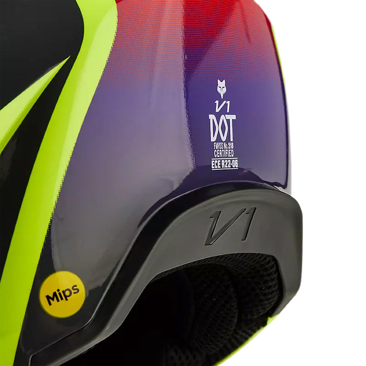 Fox Racing V1 Flora Helmet Yellow - Close-Up of DOT and ECE Certifications on Rear