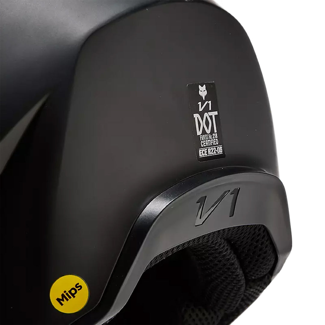 Fox Racing V1 Solid Helmet Matte Black - Close-Up of DOT Certification on Rear