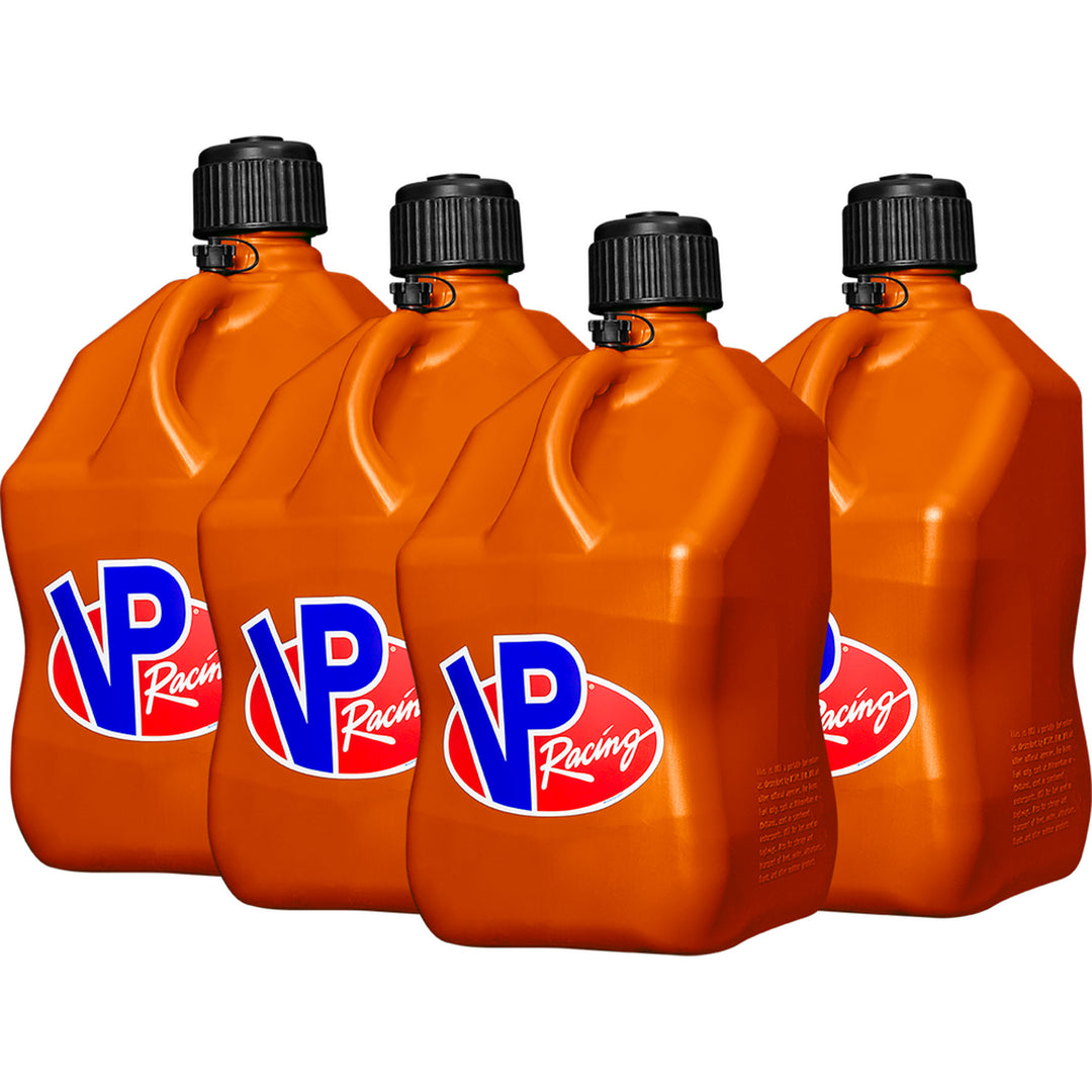 VP Racing Motorsports Container - 5.5 Gallon Orange - Front Side View of 4 Containers Grouped Together