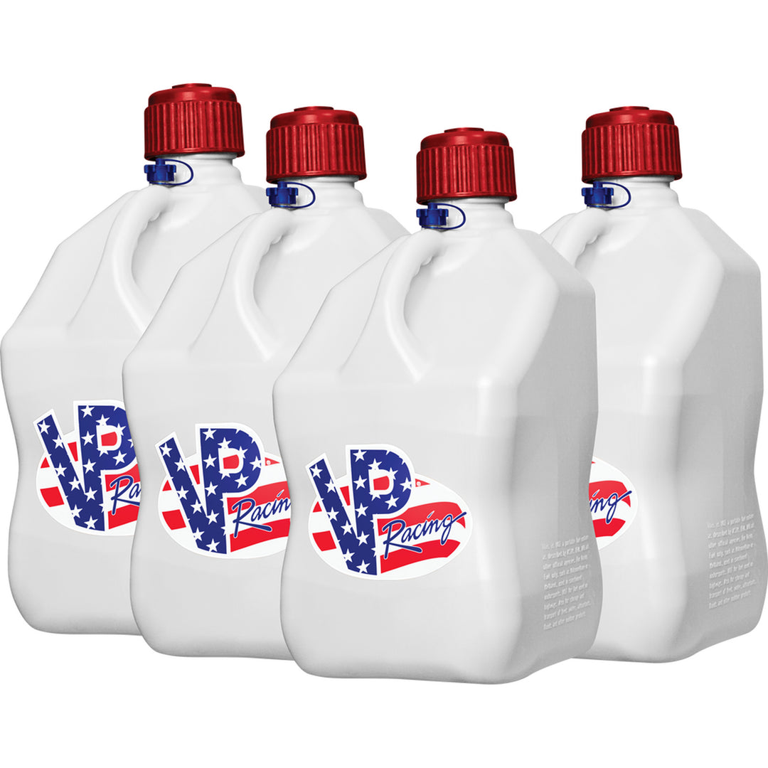 VP Racing Motorsports Container - 5.5 Gallon Patriotic - Front Side View of 4 Containers Grouped Together