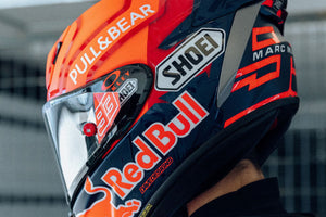Close up of Shoei X-Fifteen Helmet with Marc Marquez's Red Bull Graphic