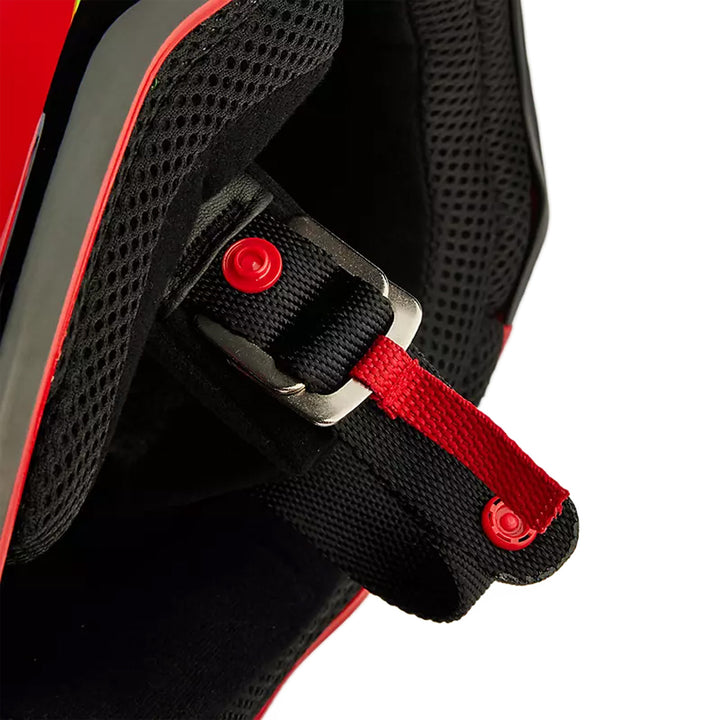 Fox Racing Youth V1 Ballast Helmet Fluorescent Red - Close-Up of D-Ring Chin Strap