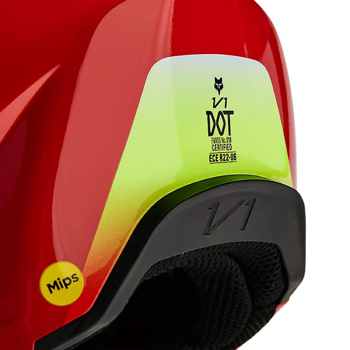 Fox Racing Youth V1 Ballast Helmet Fluorescent Red - Close-Up of DOT and ECE Certifications on Rear
