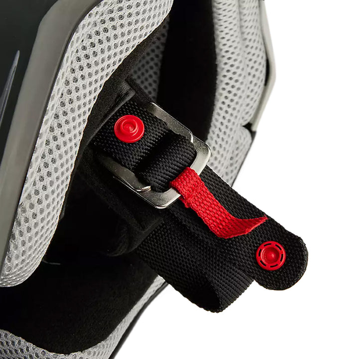 Fox Racing Youth V1 BNKR Helmet Black Camo - Close-Up of D-Ring Chin Strap