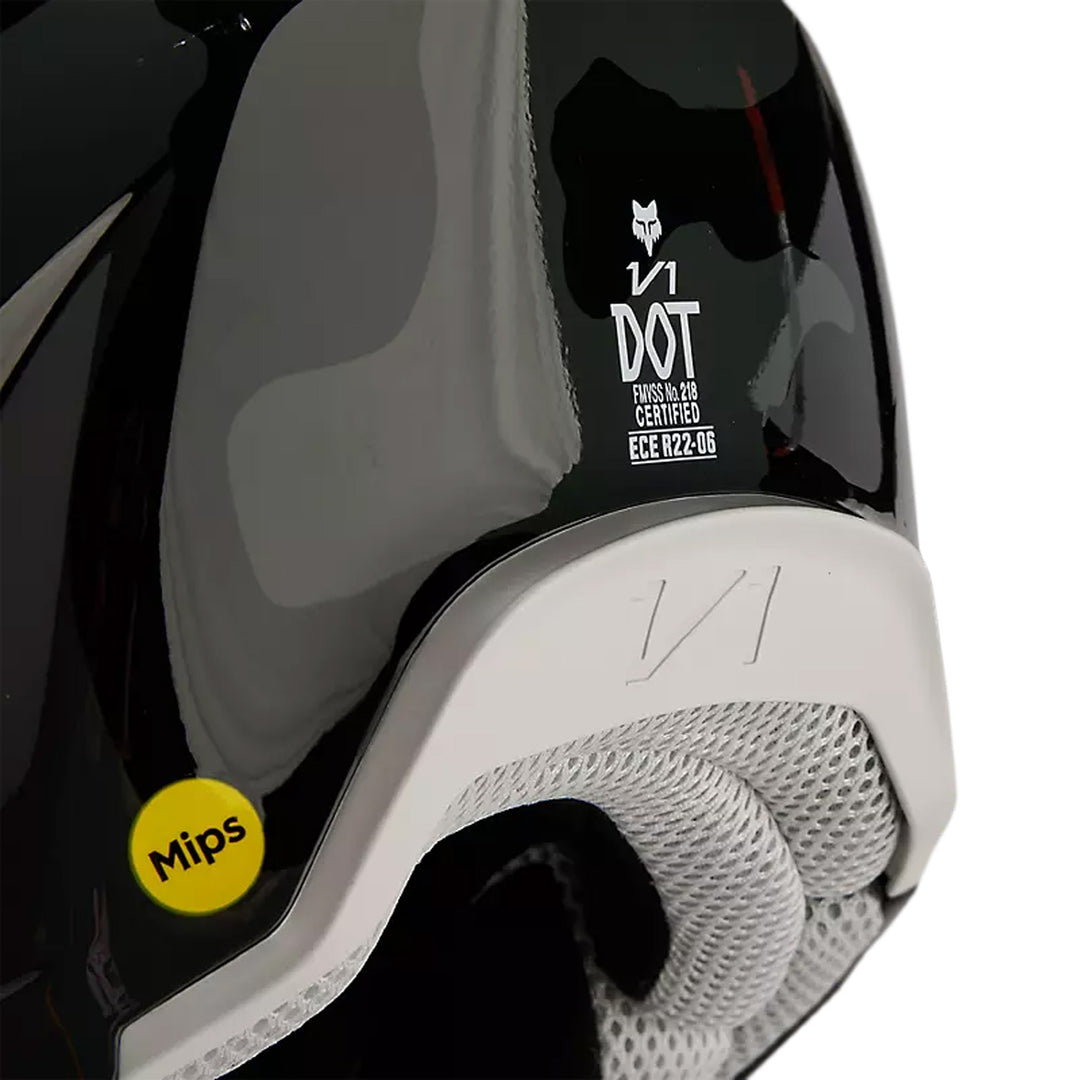 Fox Racing Youth V1 BNKR Helmet Black Camo - Close-Up of DOT and ECE Certifications on Rear