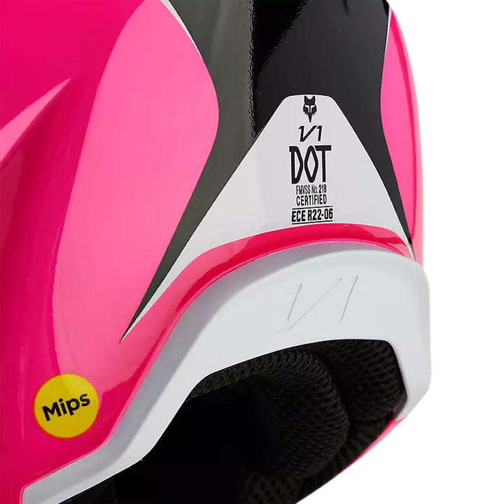 Fox Racing Youth V1 Nitro Helmet Black/Pink - Close-Up of DOT and ECE Certifications on Rear