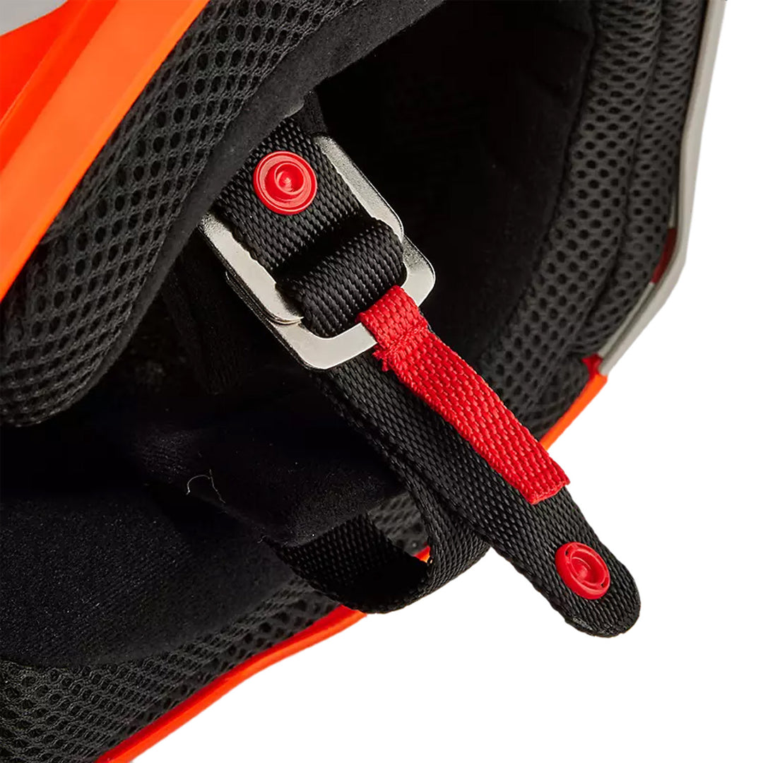 Fox Racing Youth V1 Nitro Helmet Fluorescent Orange - Close-Up of D-Ring Chin Strap
