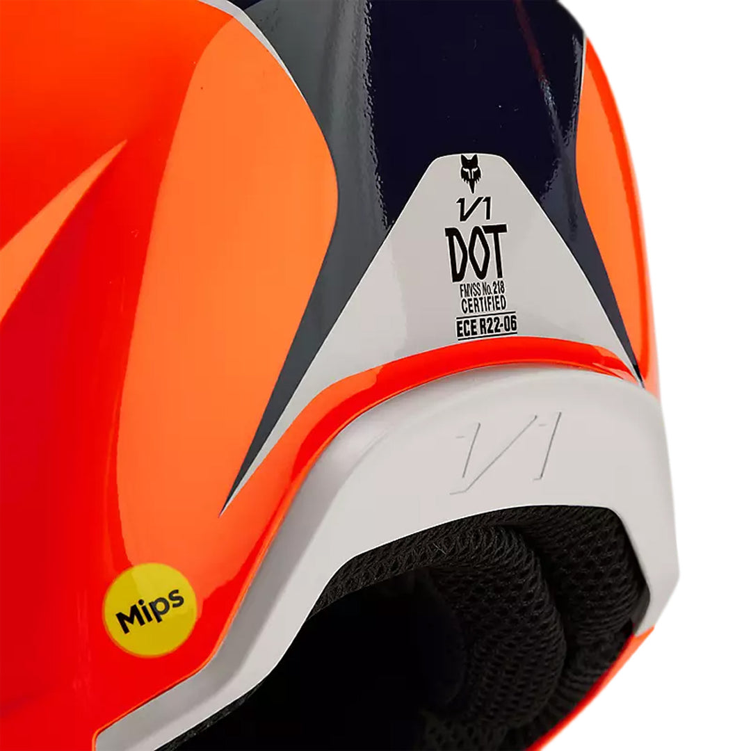 Fox Racing Youth V1 Nitro Helmet Fluorescent Orange - Close-up of DOT and ECE Certifications on Rear