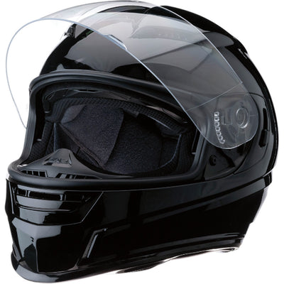 Z1R Jackal Solid Helmet Black - Front Left Side View with Faceshield and Drop Down Sun Visor Raised