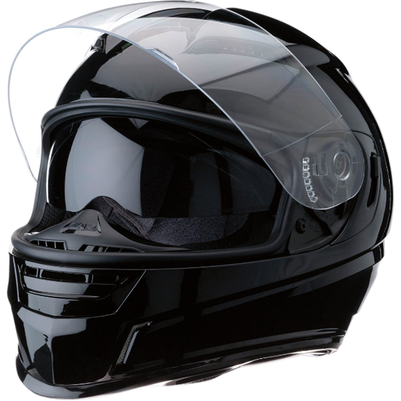 Z1R Jackal Solid Helmet Black - Front Left Side View with Faceshield Raised and Drop Down Sun Visor Lowered