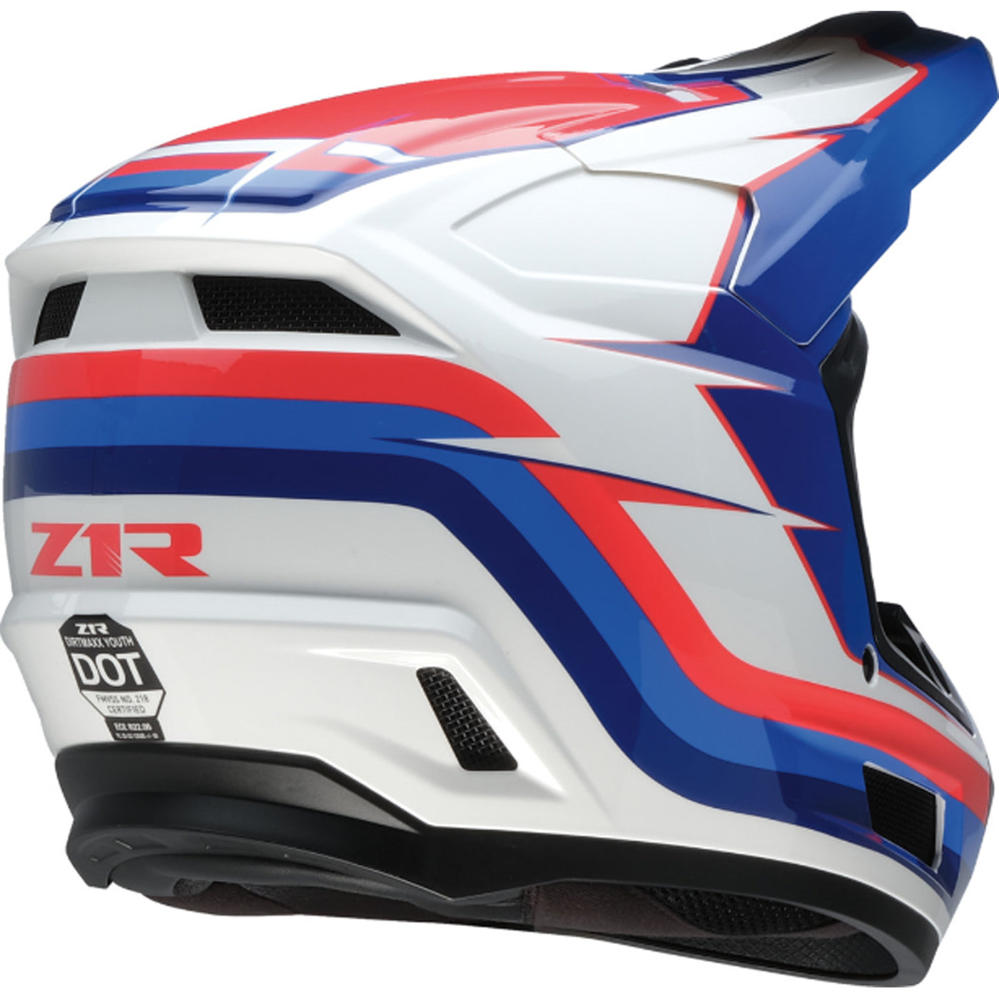 Z1R Youth Dirt Maxx Vortex Helmet Red/White/Blue - Rear Right Side View