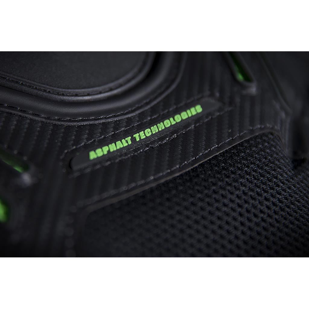 ICON Stryker Vest Green - Close-Up of "Asphalt Technologies" Graphic Under Chest Plate