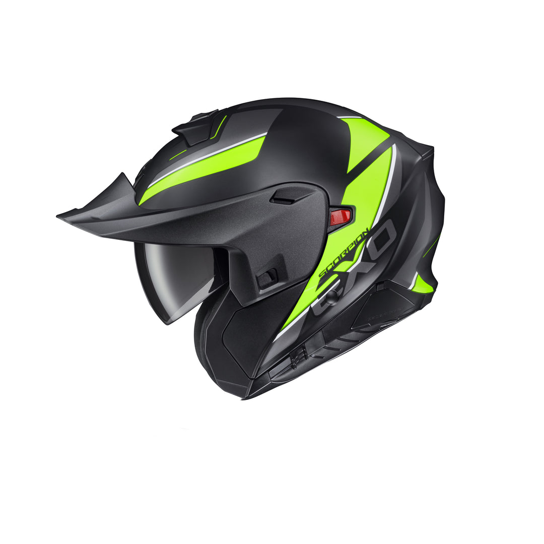 SCORPION EXO EXO-GT930 Transformer Helmet Modulus Hi-Vis Yellow - Side View with Chin Bar and Faceshield Removed and Off Road Visor Installed