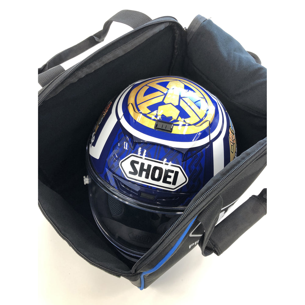 Shoei Racing Bag - Top View with Center Section Open, Showing Helmet Packed Inside