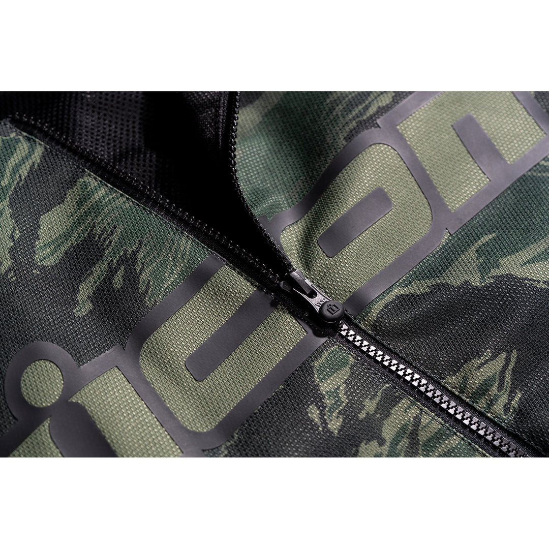 ICON Hooligan CE Tiger's Blood Jacket Green - Close-Up of Partially Unzipped Front Zipper