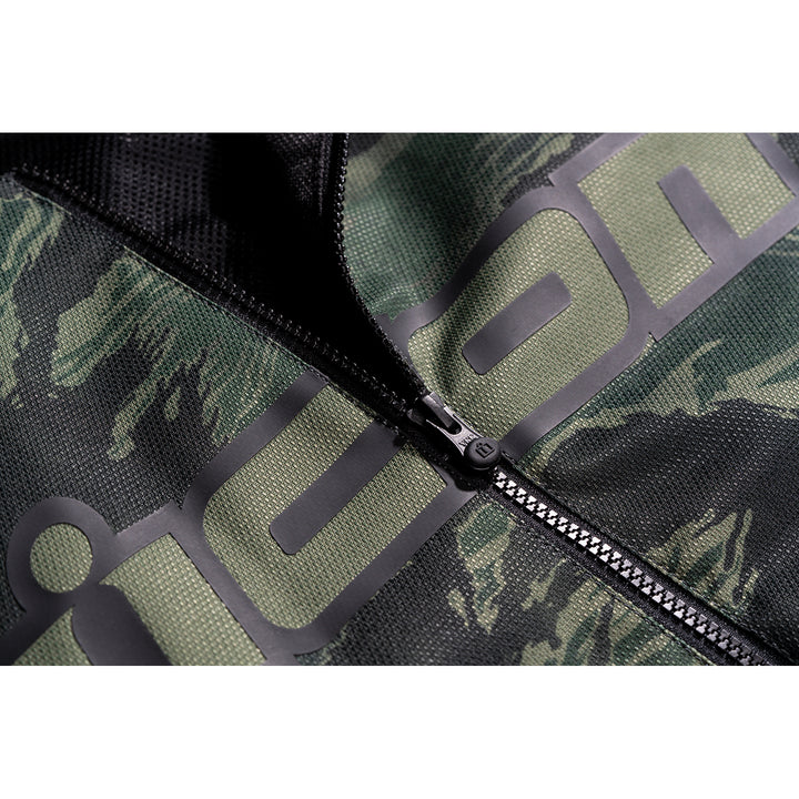 ICON Hooligan CE Tiger's Blood Jacket Green - Close-Up of Partially Unzipped Front Zipper