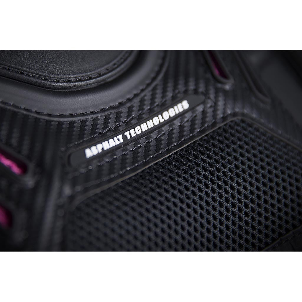 ICON Stryker Woman's Vest BLK - Close-Up of "Asphalt Technologies" Graphic Under Chest Plate