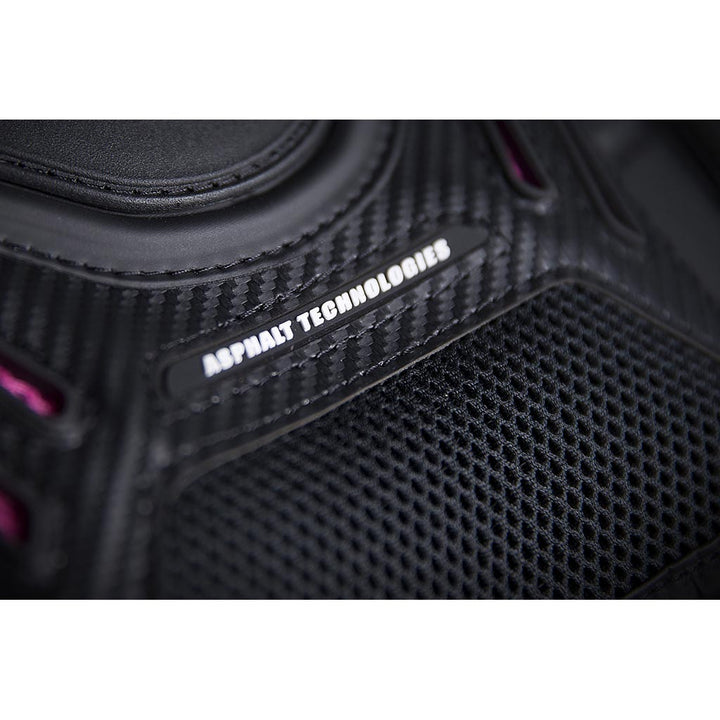 ICON Stryker Woman's Vest BLK - Close-Up of "Asphalt Technologies" Graphic Under Chest Plate