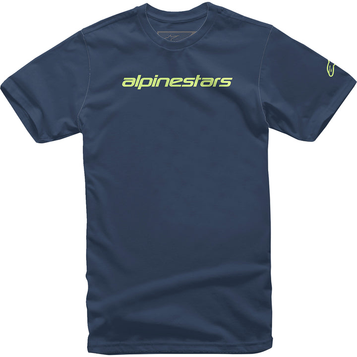 Alpinestars Linear Wordmark T-Shirt Navy/Lime - Front View