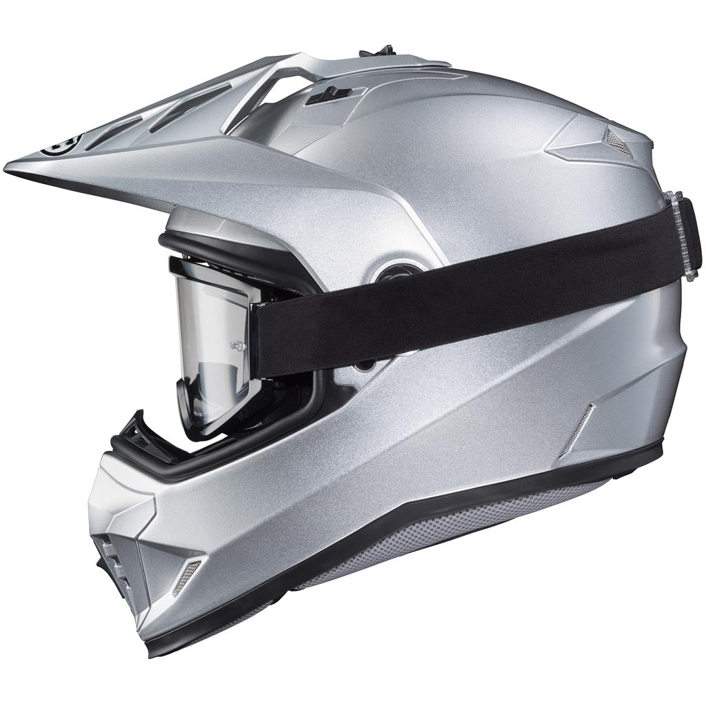 HJC DS-X1 Helmet Silver - Left Side View with Goggles instead of Faceshield